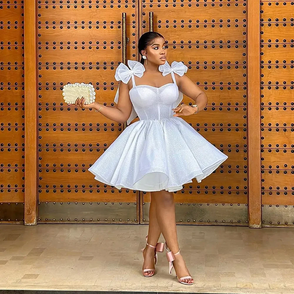 

White Spaghetti With Bow Prom Dress Sparkly Lace Above Knee A Line Short Evening Gowns Wedding Party Dress Robe De Soiree