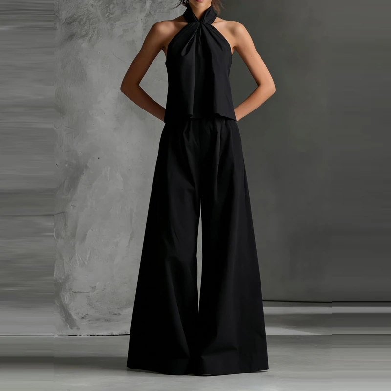 

Elegant Halter Sleeveless Top & Long Pant Suits Women Fashion Simples Draped Loose Outfits Summer Casual Wide Leg Pant 2Pc Sets