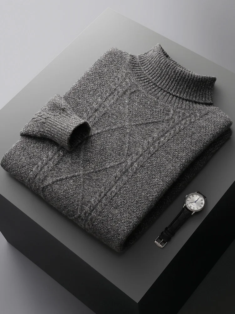 Men Turtleneck Cashmere Sweater Autumn Winter Thick Pullover 100% Merino Wool Knitwear Twist Flower Knitting Warm Casual Tops