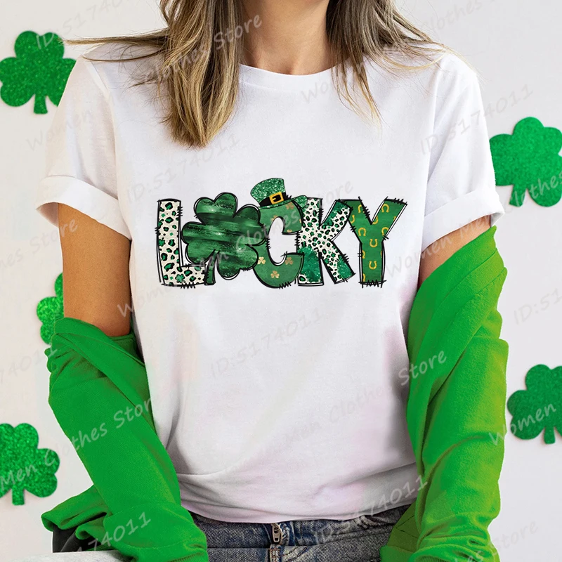 

Lucky St Patrick's Day T-shirts, Retro St Patrick's Day Shirt, Shamrock Print Tshirt, Lucky Short Sleeve, Women's Clothing