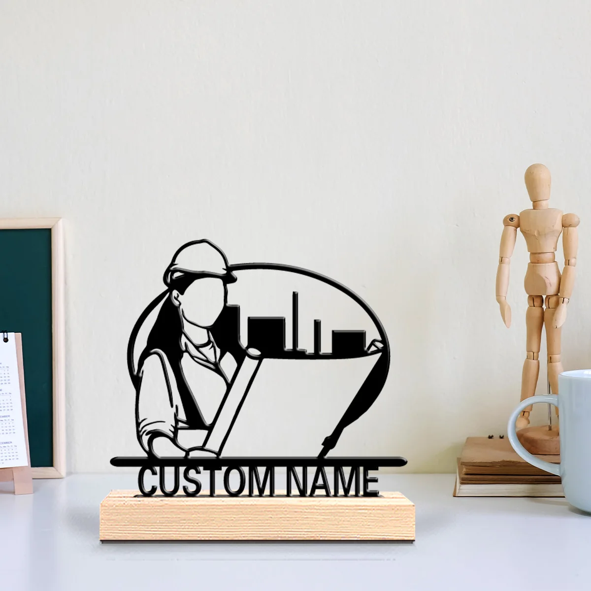 1pc Romantic Personalized Custom Engineering / Architecture Career Theme Metal Statues Comes With A Wooden Base Suitable