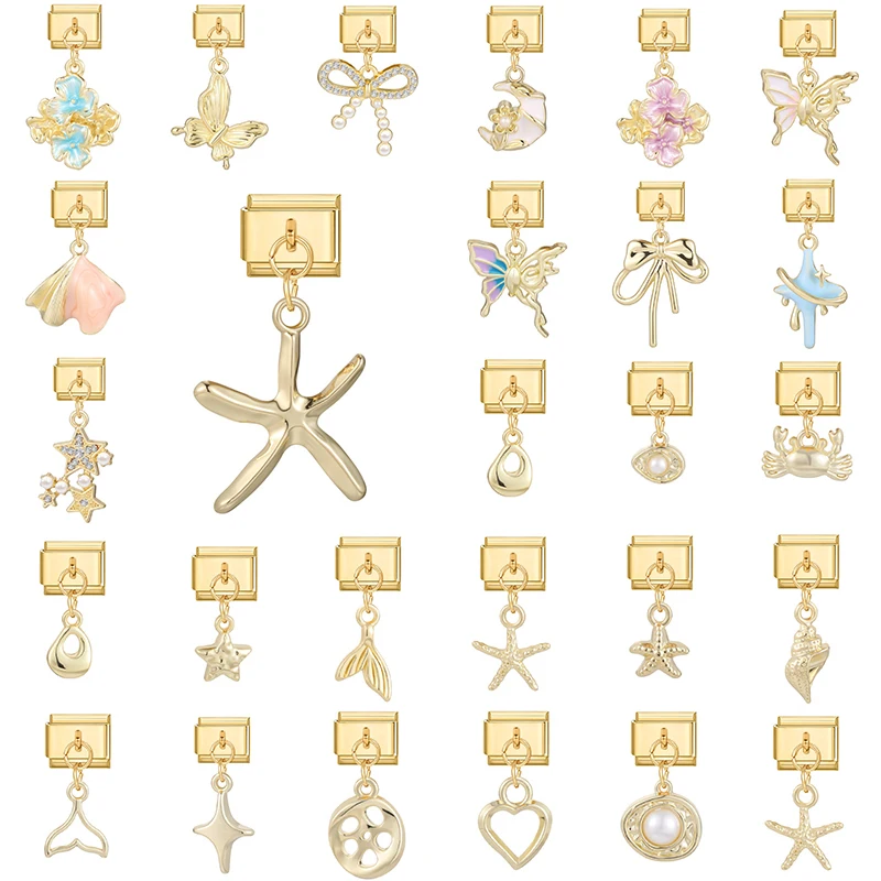 Fashion Golden Sea Fishtail Shell Pearl Bow Butterfly Pendant Beads Fit 9mm Italian Charm Bracelet Stainless Steel DIY Making