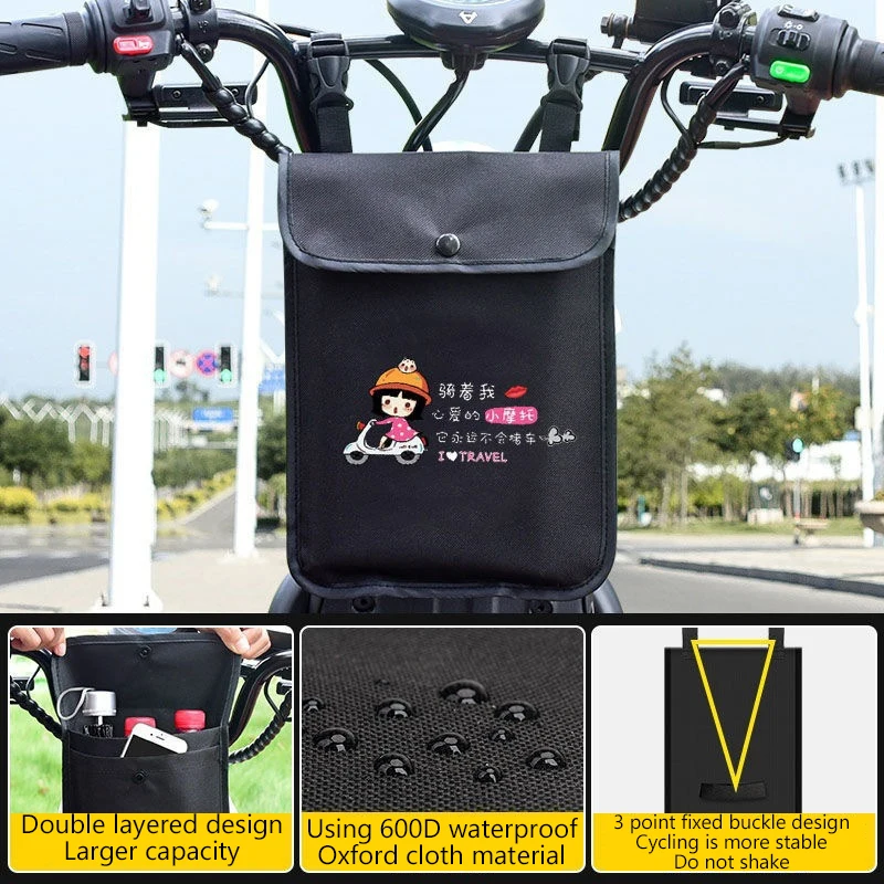 Bolsa de doble capa para bicicleta y patinete, bolsa de almacenamiento tridimensional de gran capacidad con asa frontal, bolsa de almacenamiento para motocicleta