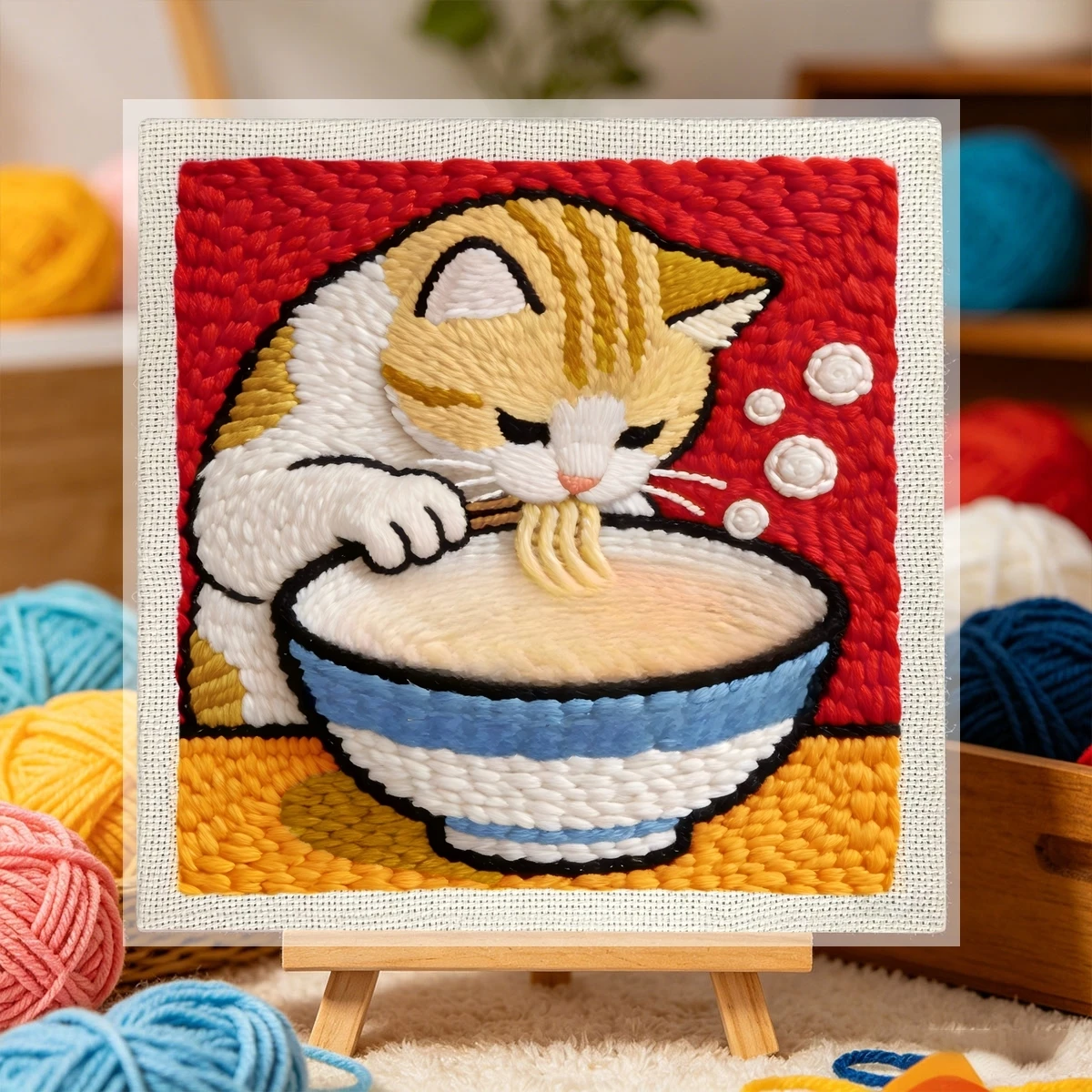 1 Set Katze beim Ramenessen DIY-Stickerei-Set für Anfänger, Stickerei-Starter-Kit, Kreuzstich-Kunstgeschenk, Handarbeits-Bastelset – Detail 2