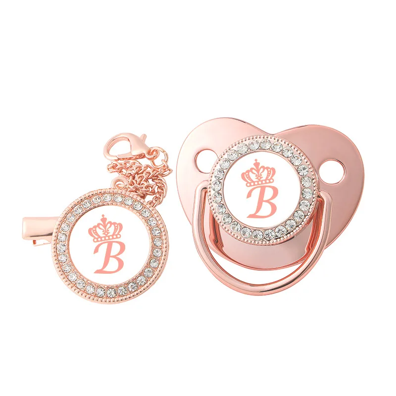 Name Initial Letters Luxury Rose Gold Crown Baby Pacifier With Clips Silicone Dummy Nipple Bling Newborn Pacifier Baby Gifts