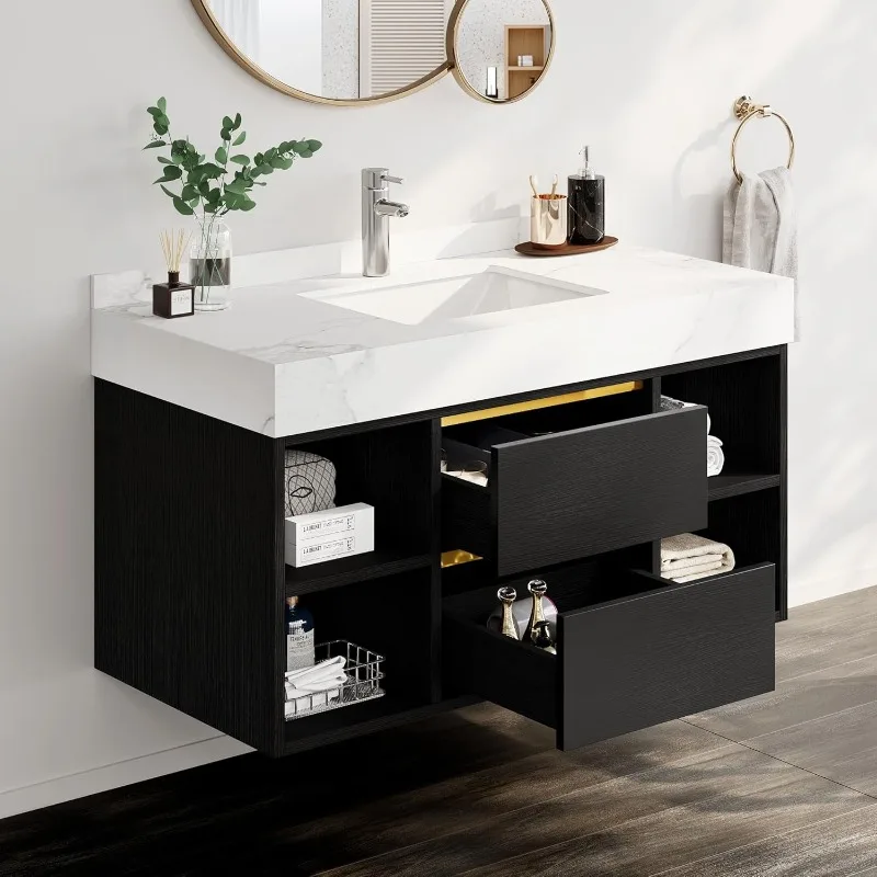 40 Inch Black Floating Vanity Bathroom with White Sintered Stone, Wall Mounted Vanity with Ceramic Sink Included 2 Drawers