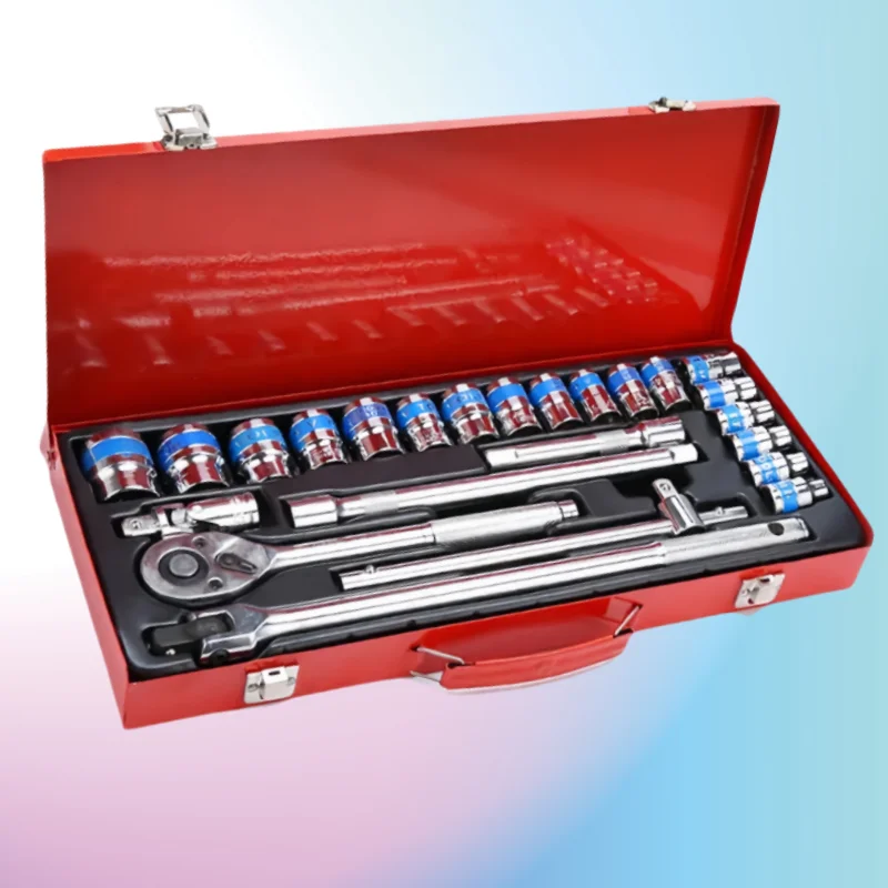 Complete set of 24 piece iron box for auto repair, quick ratchet wrench set, blue belt socket wrench tool