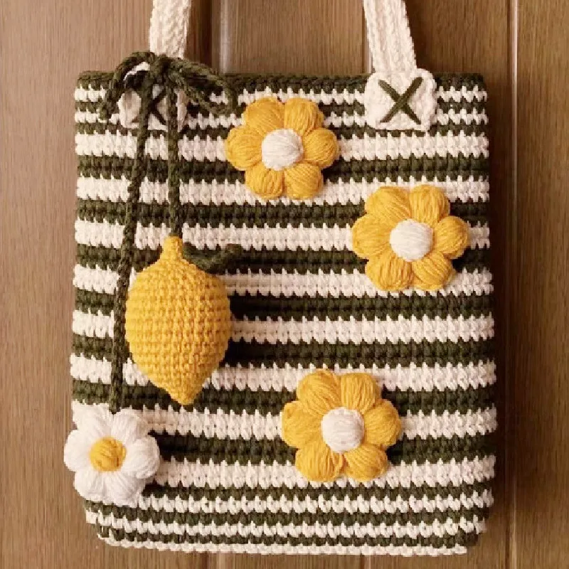 Borsa a tracolla al limone con frutta a righe intrecciata a mano, borsa alla moda, borsa per la spesa, borsa per cellulare, borsa per la