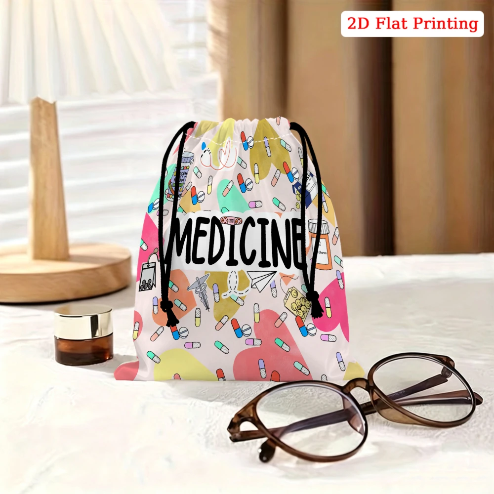 1pc Cartoon Style Drawstring Bag Multicolor Medicine Pill Pattern Storage Small Pouch For Travel Organization Cosmetic Accessory