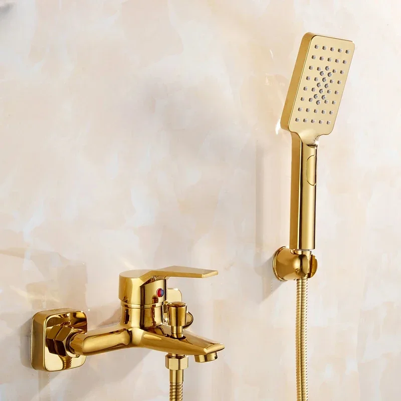 Brushed Gold Bathroom Shower Faucet Bathtub Mixer Tap with Handheld Modern Black Finish Hot and Cold Water Crane