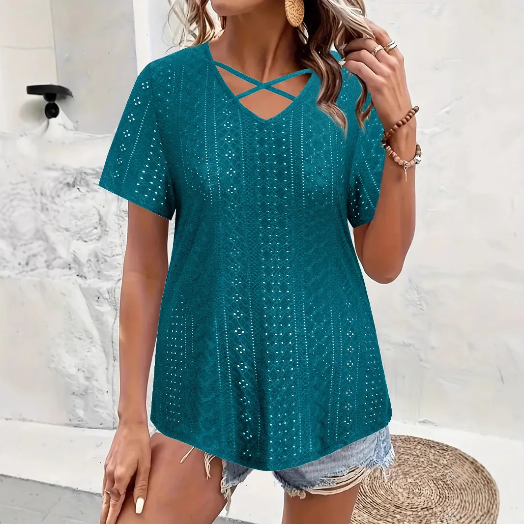 Y2K جديد الصيف المرأة عادية تنفس قصيرة الأكمام تي شيرت الخامس الرقبة مطوي الجاكار محبوك قمة المألوف فضفاض #3