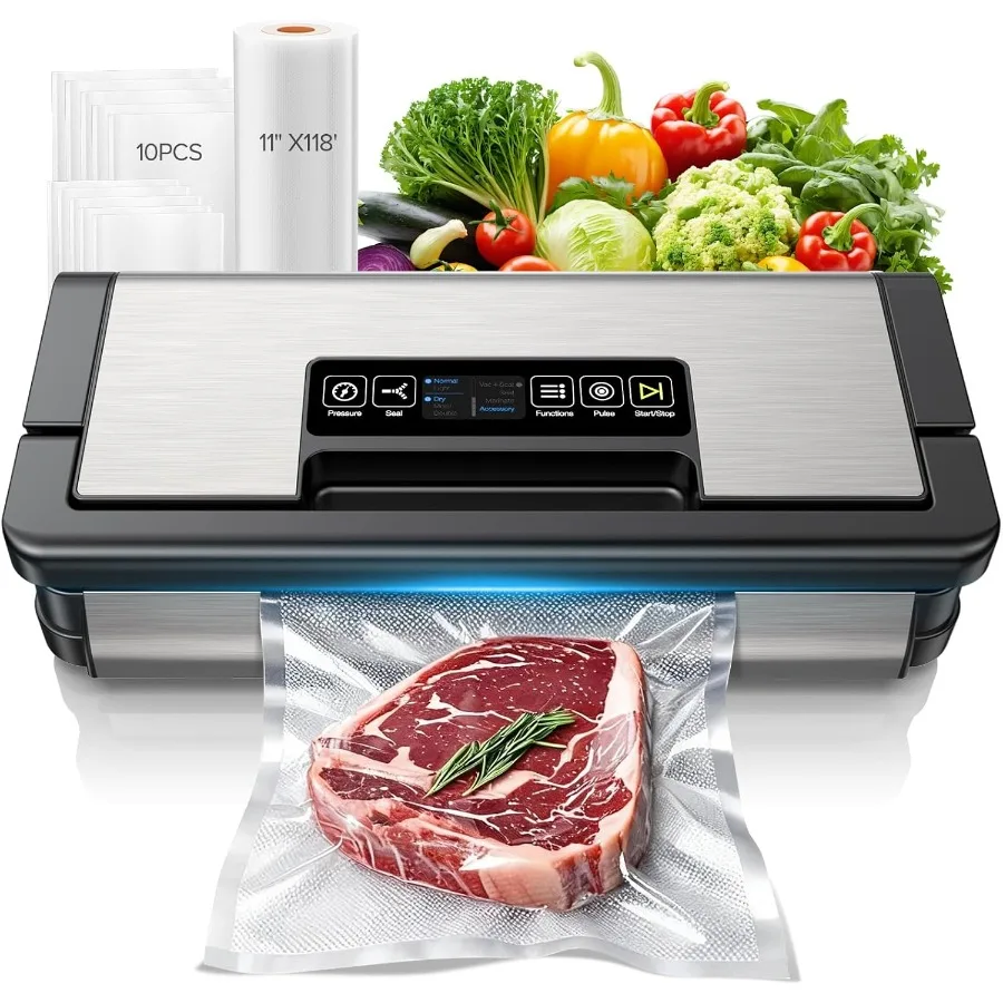 

95kPa Vacuum Sealer Machine Fully Automatic Food Sealer Touch Display 10-in-1 Functions Powerful Sealing System with Double Hea