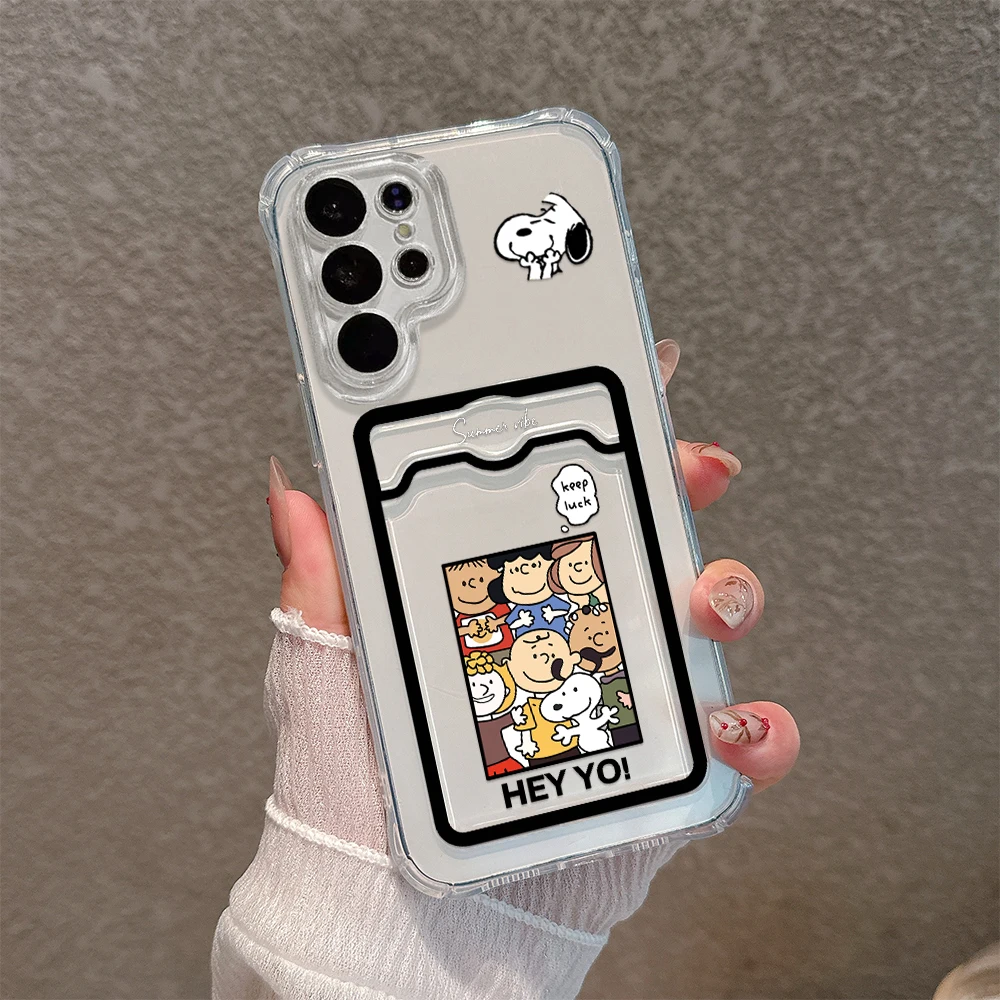 Cute Anime Snoopys Card Hold Phone Case For Samsung S24 S23 S22 S21 S20 FE Plus Ultra M33 M53 M54 5G Anti-fall Clear Cover