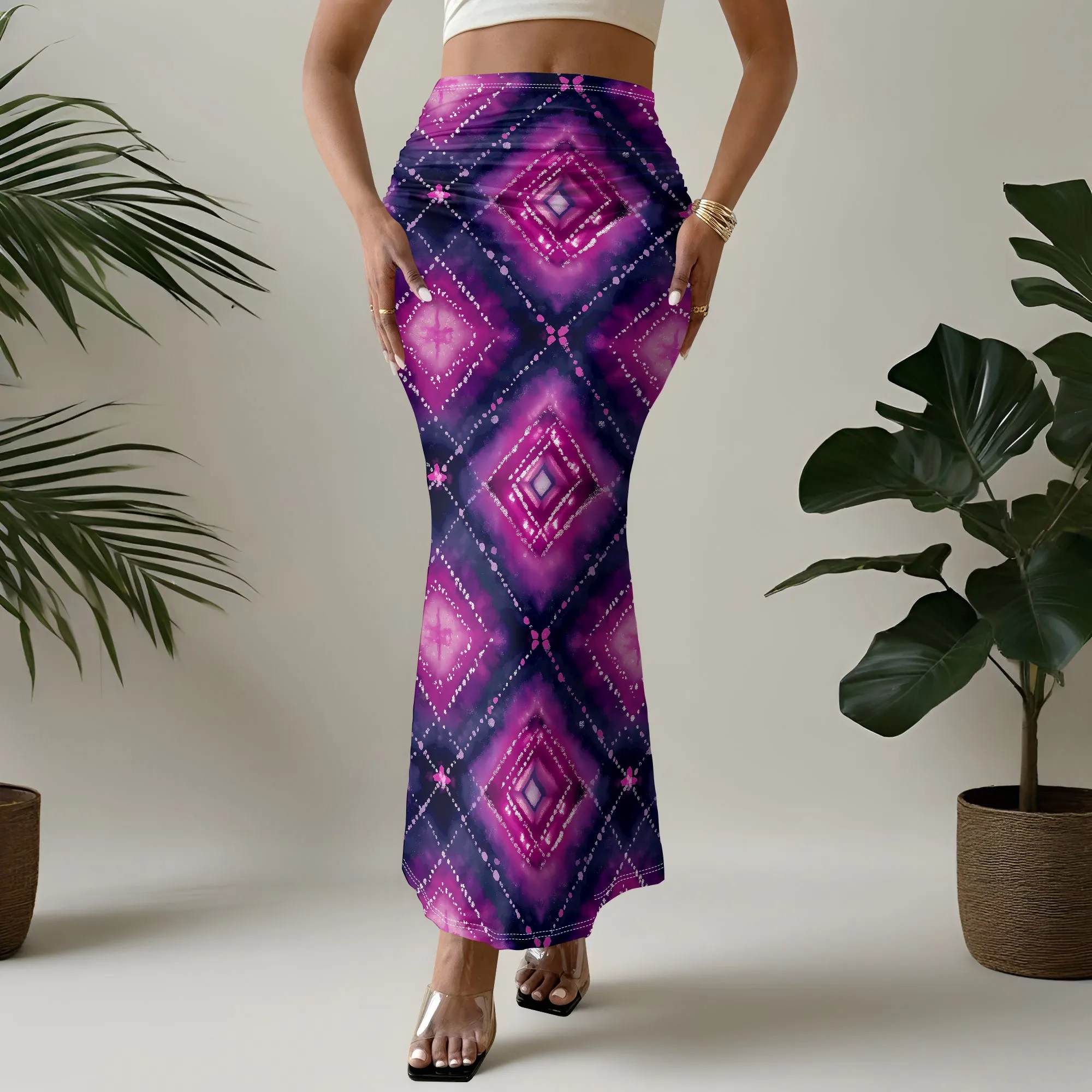 Purple Geometric Print Skirt Boho High Waist Maxi Skirt Elastic Waist Mermaid Skirt for Women Summer Beach Vacation Wear