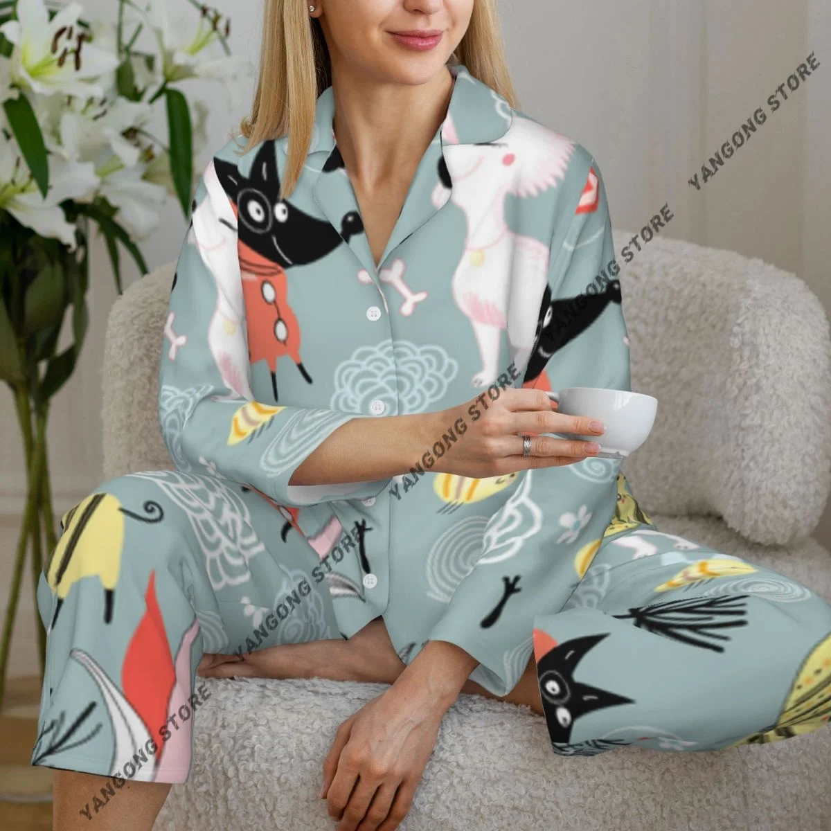 

Spring and Autumn Long Sleeve Pants Pajamas Loungewear Set Floral With Lovers Dogs Women's Pull Edge Loose Sleeping Suit