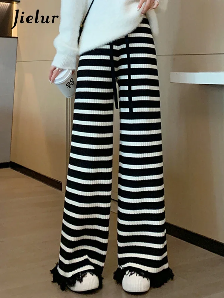 

Jielur Striped Tassel Knitting Female Wide Leg Pants Winter New Casual Loose Simple Fashion Elastic Waist Chic Women's Trousers