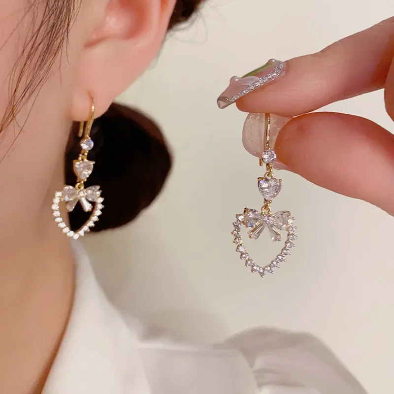 Delicate Love Heart Bowknot Ear Hook Super Flash Sweet and Versatile Cute Fashionable High-end Earrings Women