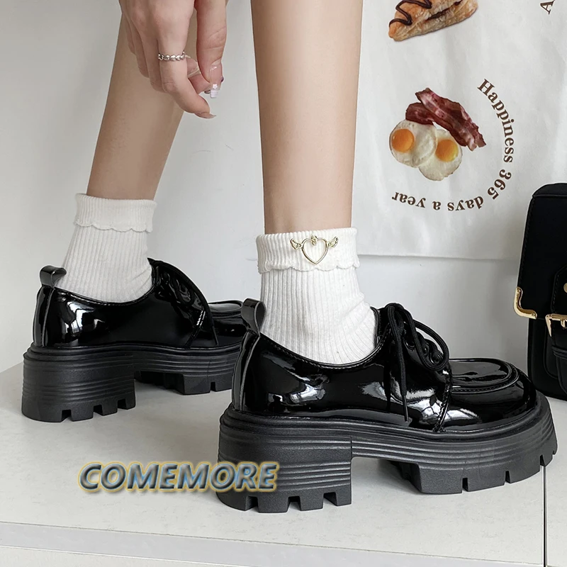 Patent Leather PU Platform Loafers Women 2024 Preppy Style Lace Up Oxford Shoes Woman Black Thick Bottom Footwear Female Spring