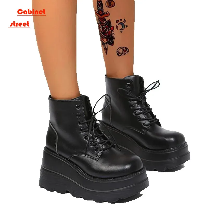 

Europ Platform Large Size Short Strap Martens Women Ankle Snow Boots Women's Wedge Patent High Heels Thin Leather Boots