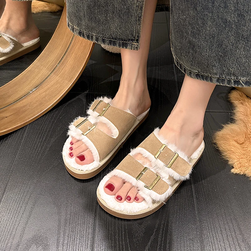 Pantofole da taglio calde con fibbia grande donna Classic Brand Design Dual Strap Furry Slide Shoes sandali da donna in peluche autunnali