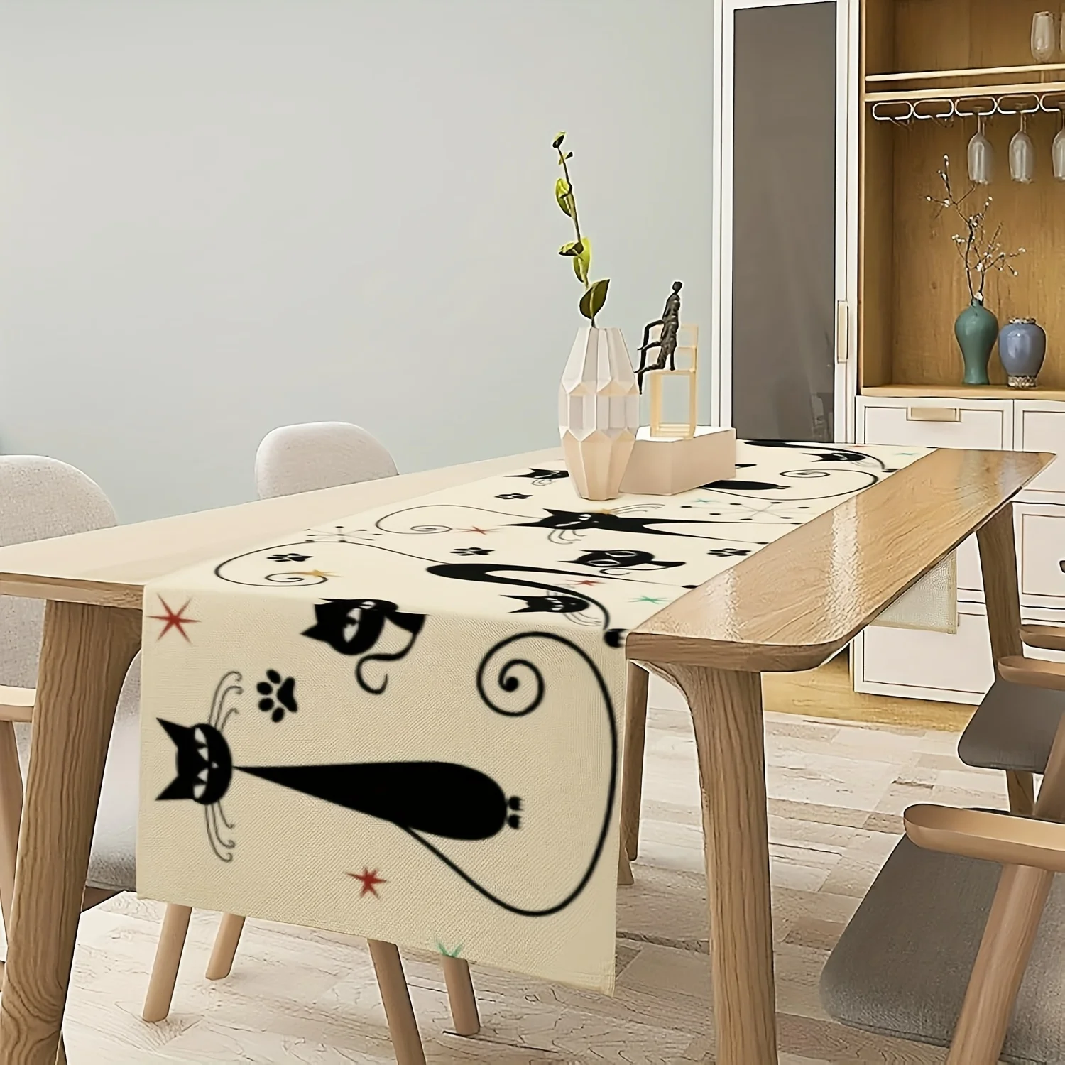 1pc Abstract black cat+geometric element table flag, retro table flag suitable for dining/picnicking/kitchen decoration