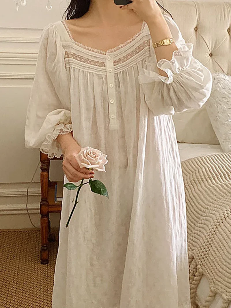 Women Pure Cotton Ruffles Vintage Nightgowns Robe Lace Fairy Long Sleeve Victorian Princess Sleepwear Sweet Night Dress Homewear