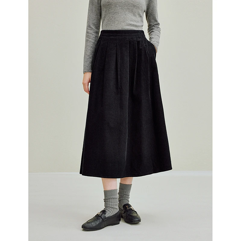 Inman Women's 2025 Autumn New Loose Midi A-Line Skirt - Retro Ruched Brushed Corduroy Midi Skirt