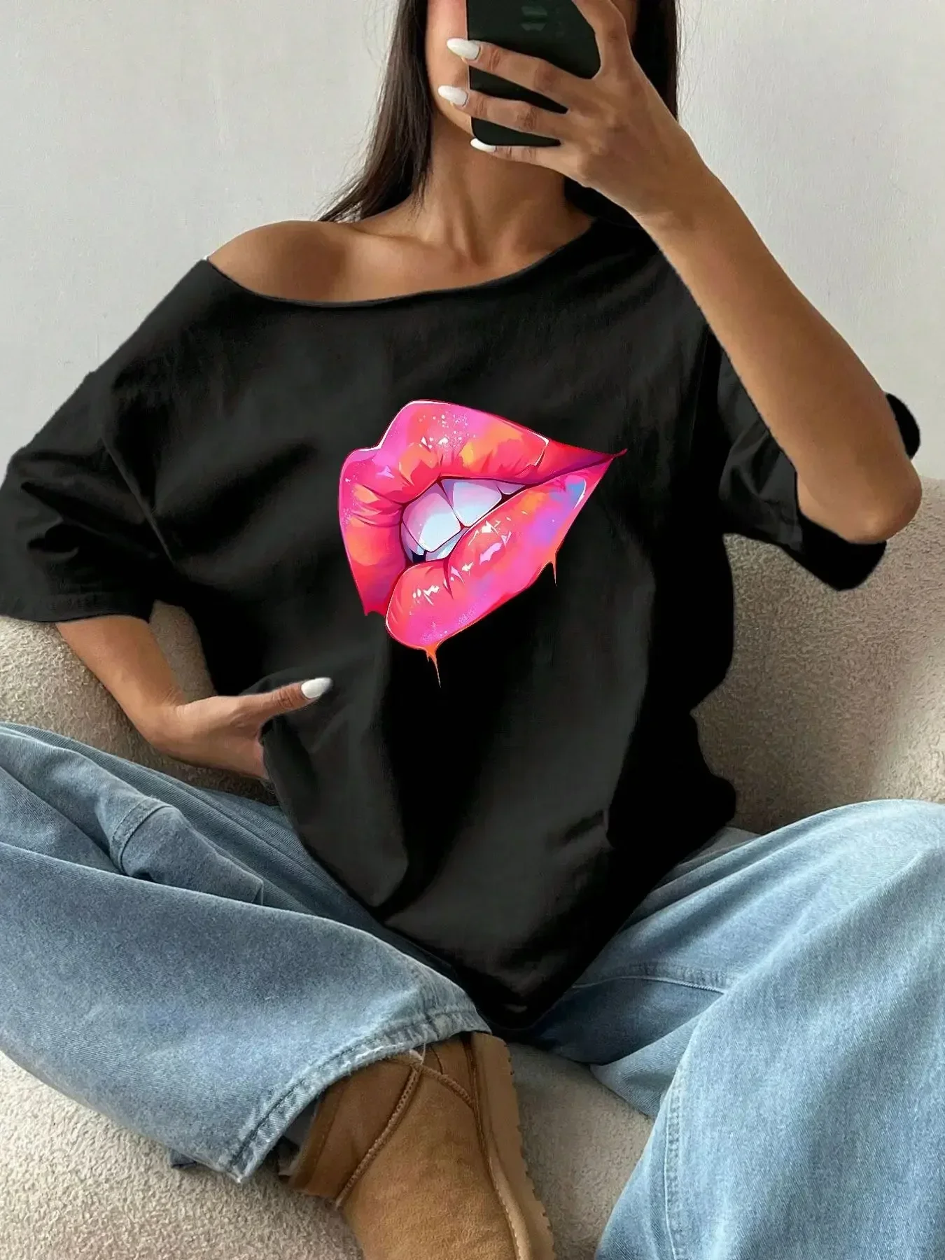 100% Cotton Plus Size Neon Pink Lips Print Shoulder Loose Print T-Shirt Oversized Y2K Style Graphic Tees Women Tops Summer Of view 2