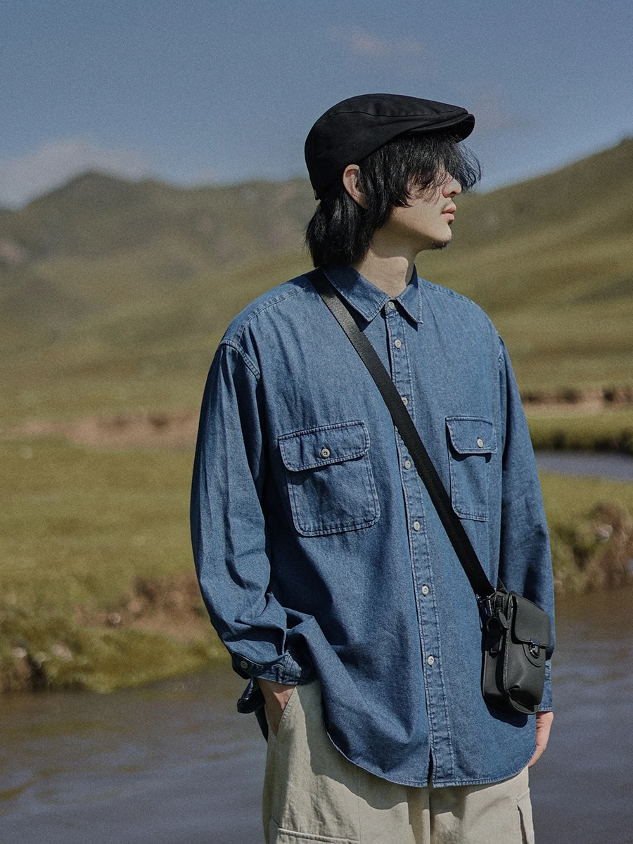

Washed Denim Long Sleeve Casual Shirt Unisex Autumn Loose Fit Moisture Permeable Breathable Pure Color American Retro Style