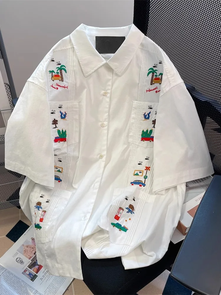 

High Quality Embroidery White Shirts Summer Short Sleeve Turn-down Collar Button Up Shirt Men Women Baggy Streetwear Vintage Top