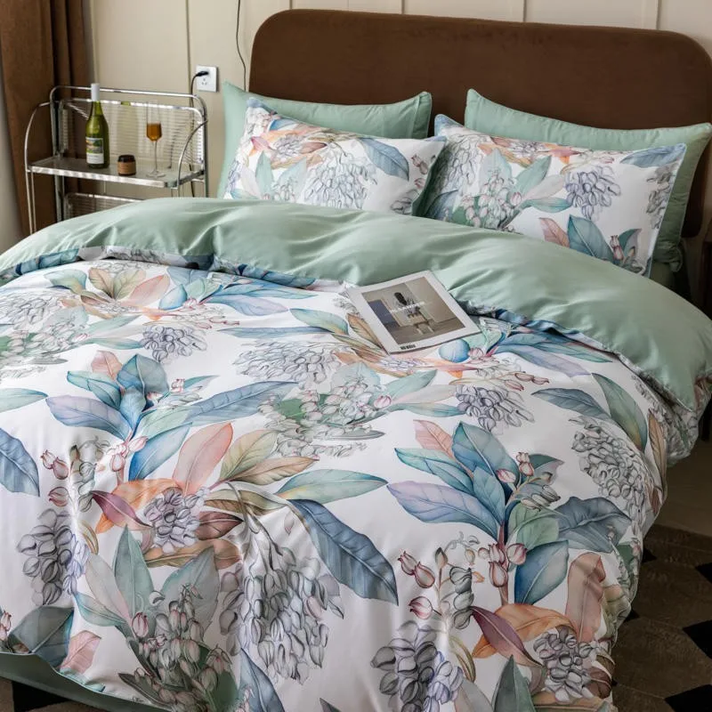 100%Egyptian Cotton Vibrant Tropical Leaves Flowers Duvet Cover Set Ultra Soft Silky Premium Bedding Set US Queen King size