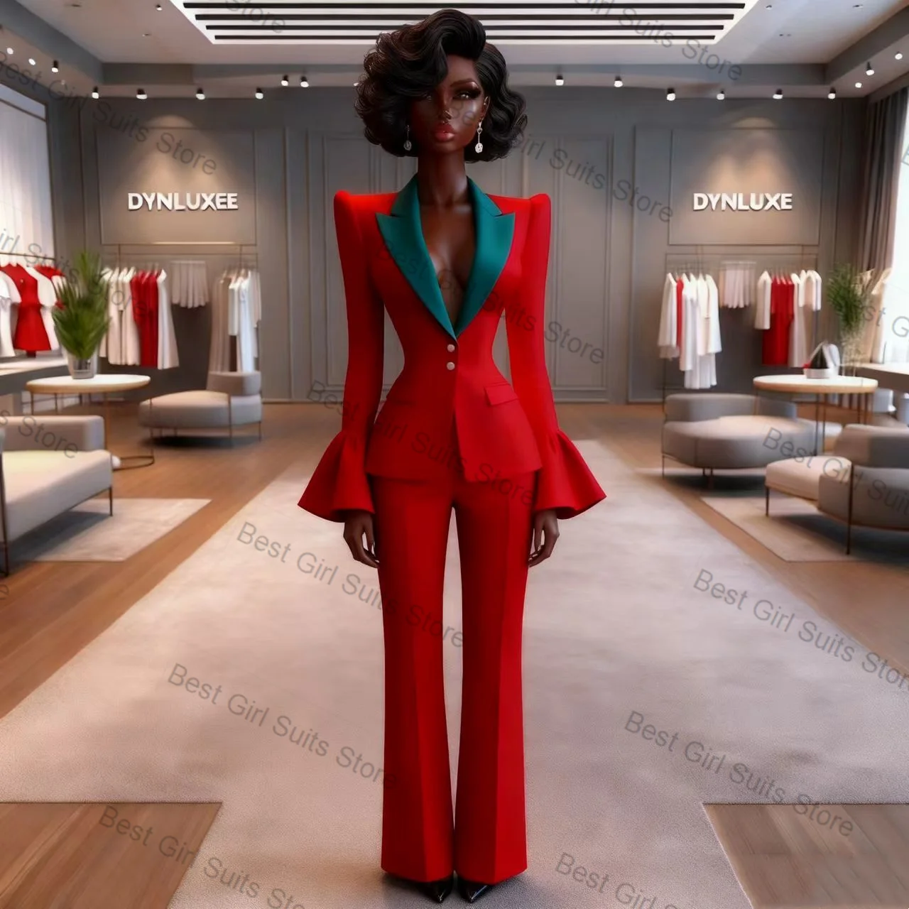 

Red Green Women Suit Pants Set 2 Piece Cotton Blazer+Trousers Flare Sleeves Formal Office Lady Jacket Customized Wedding Coat