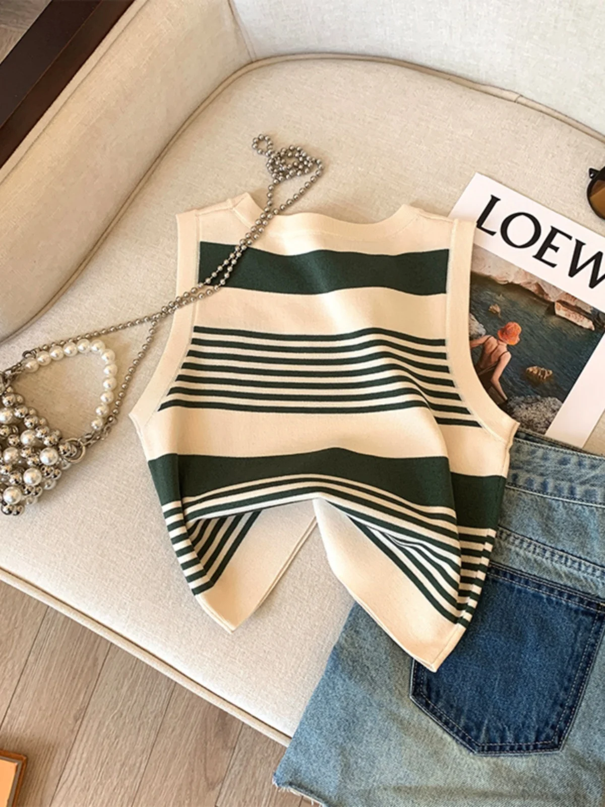 Ice Silk Knitted Stripe Work irt Strap Vest Women Inner Summer Outer Wear Hide Side Breast No Sve ort Top