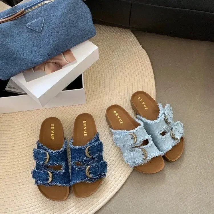 New Fashion Denim Belt Buckle Thick Sole Outside Wear 2024 Summer Flat Flip-flops Women