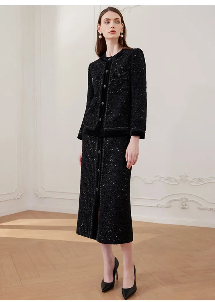 

Women Autumn/winter Tweed Suit Jackets Mid-length Skirts New Chinese French Zen Sets Temperament Sequins Black Coats Matching