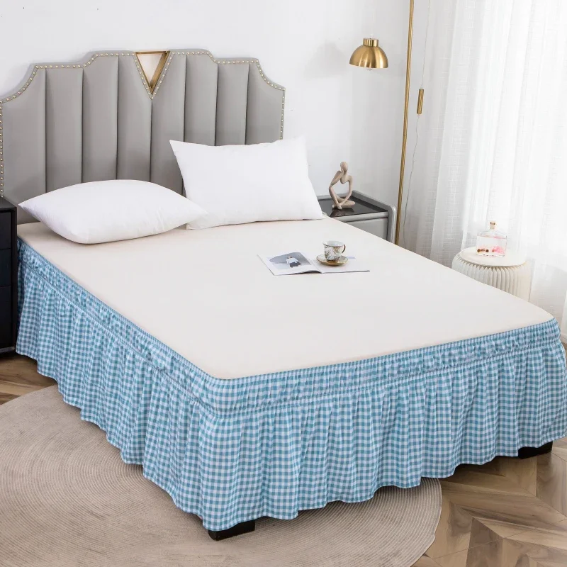 Pleated Dust-proof Bed Apron Wrap Around Style Easy Fit Elastic Dust Ruffles Bed-Skirt and Floor-length Pleated Mattress Curtain