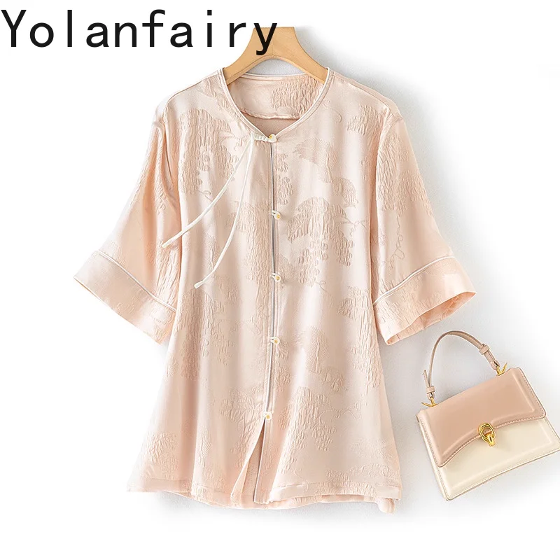 

YOLANFAIRY 93% Real Mulberry Silk Shirt for Woman Short Sleeved Top Round-neck Cardigan Embossed Jacquard Satin Women Shirts