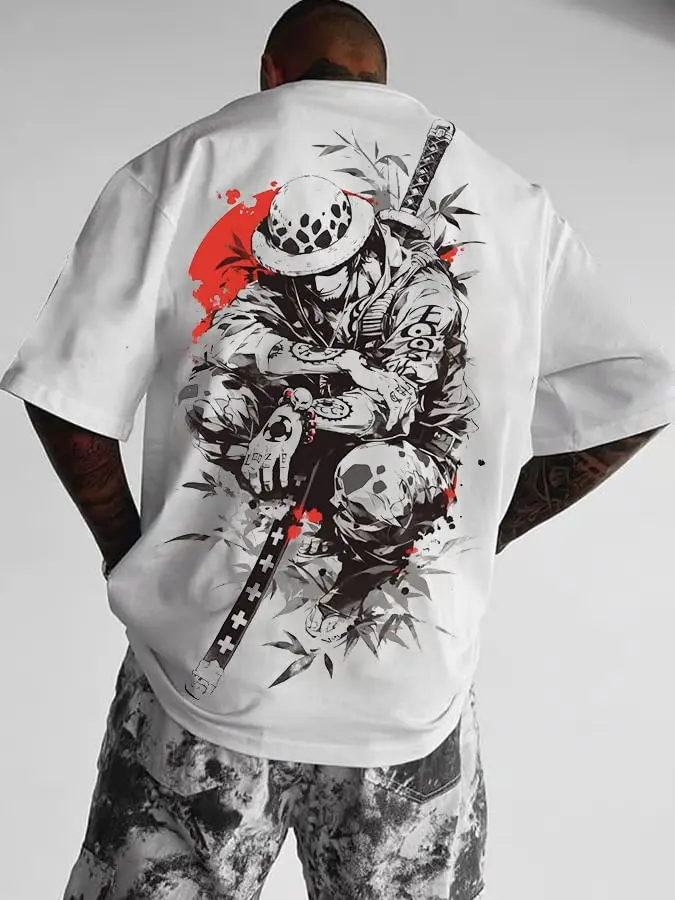 One Piece Trafalgar Law Back Print White T-Shirt Spotted Hat