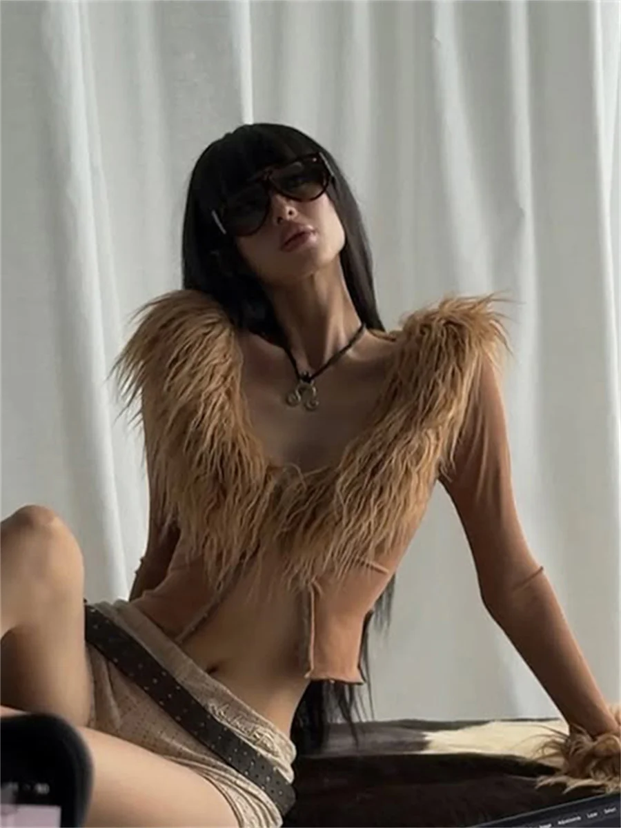 Chatte étrange Sexy fourrure Patchwork haut femmes tendance Hottie col en v manches longues boucle en métal sauvage Stretch maigre rue Club t-shirts