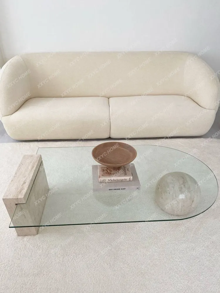 Minimalist natural travertine spherical legs coffee table model house transparent tempered glass small apartment short