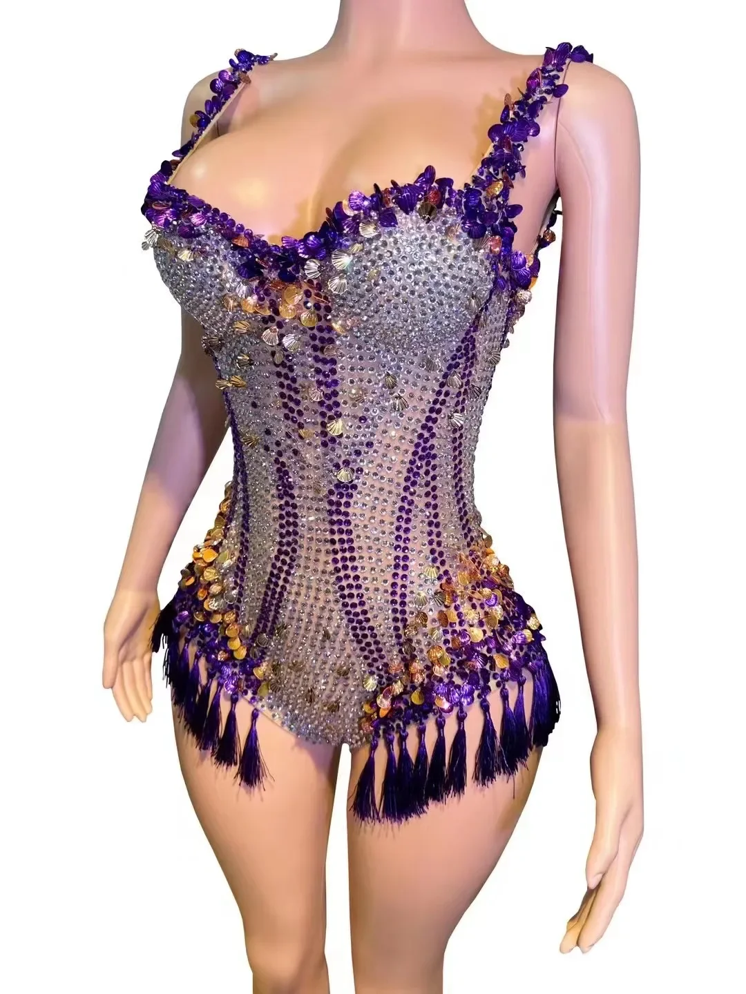 Sparkly Rhinestones Sequins Tassels V Neck Bodysuit for Women Sexy Performance Dance Costume Nightclub Singer Dancer Stage Wear