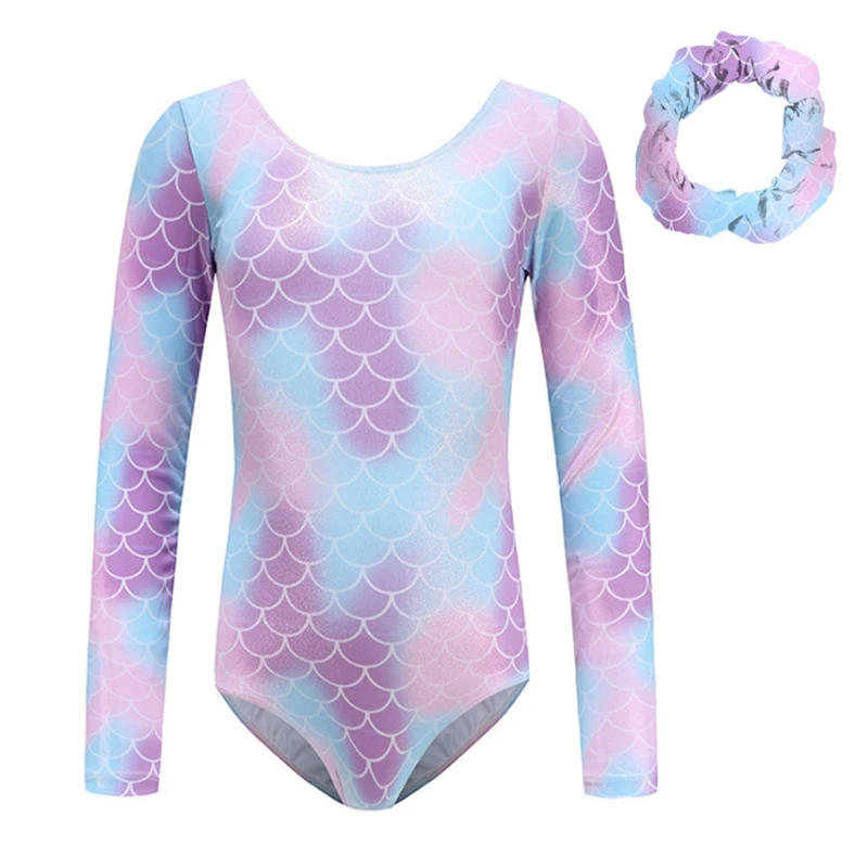 

3-14 Years Kids Girls Long-Sleeved Gymnastics Leotard Mermaid Scale Printed Ballet Bodysuit Dancewear