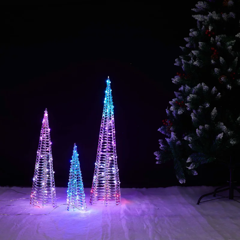 Set of 3 Iron Cone Shape Glowing Ornament Trees Warm Color Twinkle Effect Shop Window Display Decor for Holiday Winter Theme