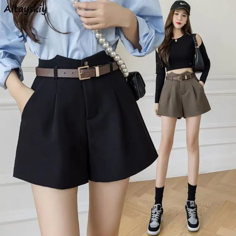 Wide Leg Shorts Women Autumn Winter Loose Minimalist Office Lady Ulzzang High Waist Leisure Pockets Thicken All-match Harajuku