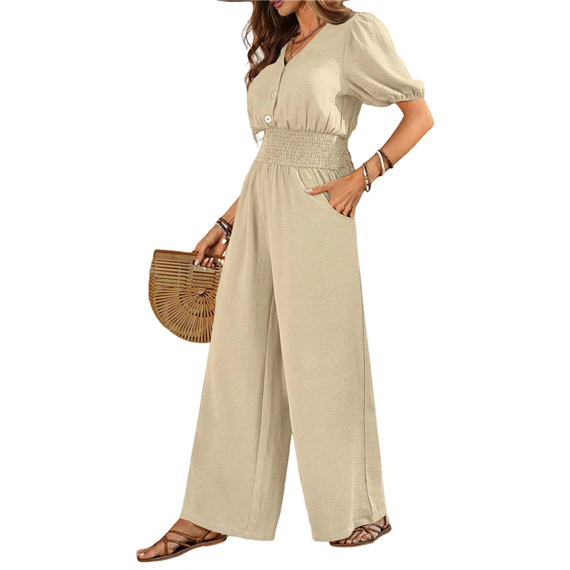 

ABRT-Женские комбинезоны с коротким рукавом и V-образным вырезом, нарядные повседневные широкие брюки, комбинезон бежевого цвета L