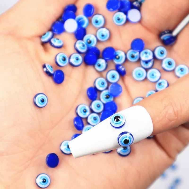 50Pcs Blue Eyes 3D Resin Nail Charms Simulation Evil Eye DIY Nail Jewelry Rhinestone 6-8mm Flat Bottom Beads Manicure Accessory