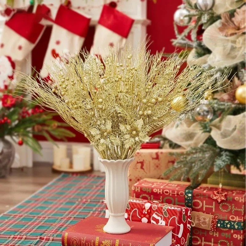5/10 Stück Goldglitzer-Weihnachtsbaumdekoration Künstliche Beerenstiele Weihnachtsstern-Blumenzweige Ornament für Neujahrsdekoration – Detail 3