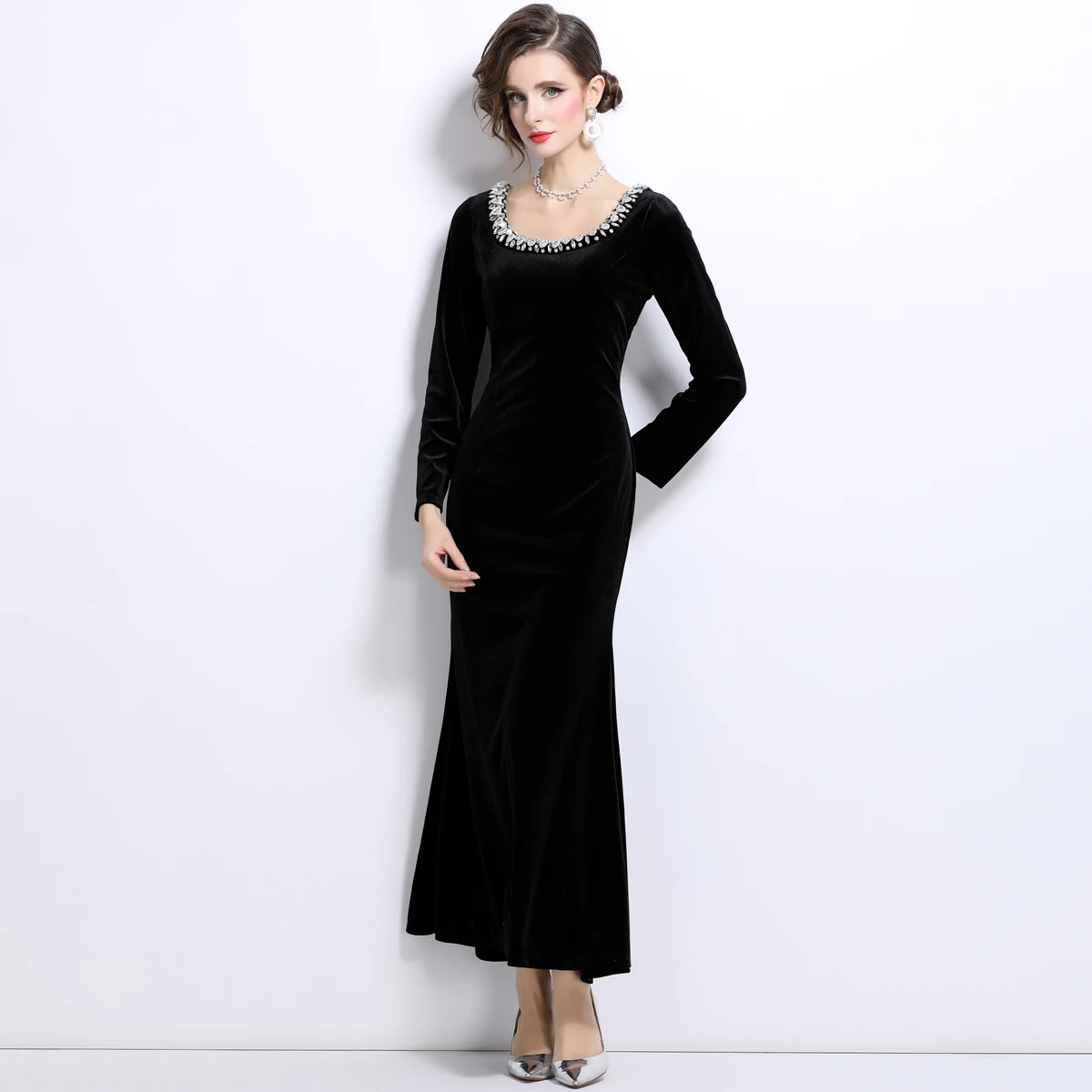 Robe sirène longue en velours perlé, robe de cocktail, robe de soirée élégante, col rond, velours formel, robe maxi, vêtements éducatifs, automne