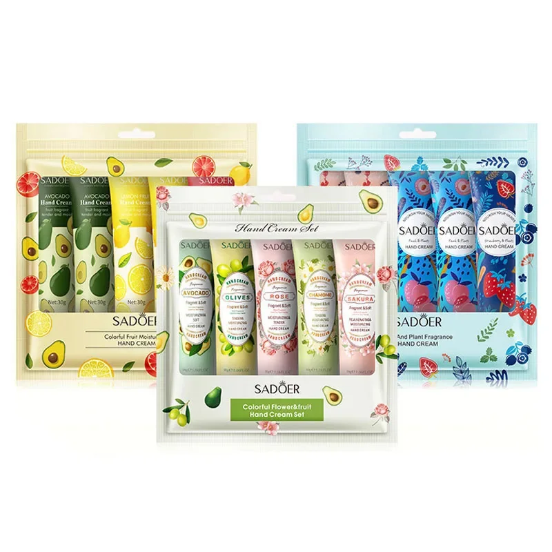 5 Teile/satz SADOER Obst Pflanzen Duft Hand Creme Sets Feuchtigkeitsspendende Reparatur Anti Trockenen Hand Lotion Sets Hände Hautpflege Produkte