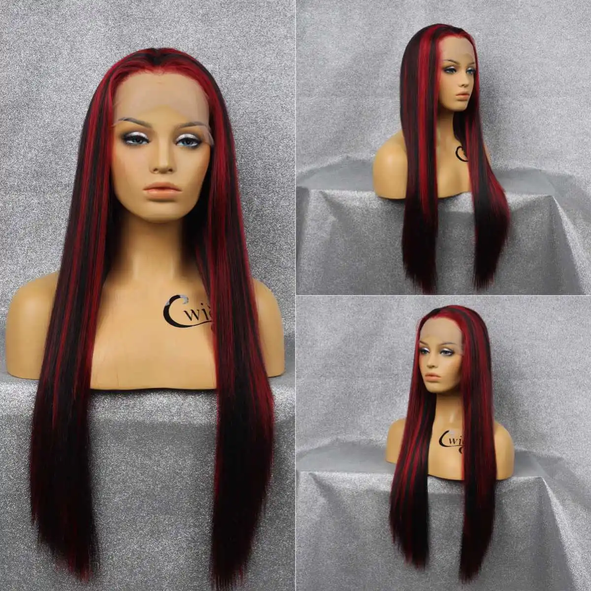 Front Lace Synthetic Black Red Gradient Long Straight Wig Soft Comfortable Breathable Heat Resistant Ball Cosplay Wig